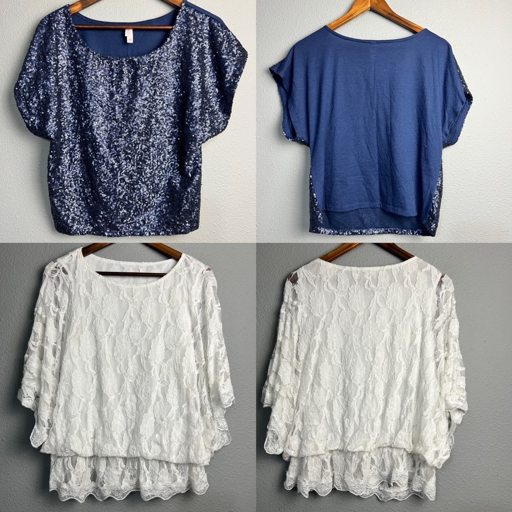 Lot of 2 Sequin Top Party Blouses Fairy Cottagecore Sparkly Short Sleeve‎ Size M